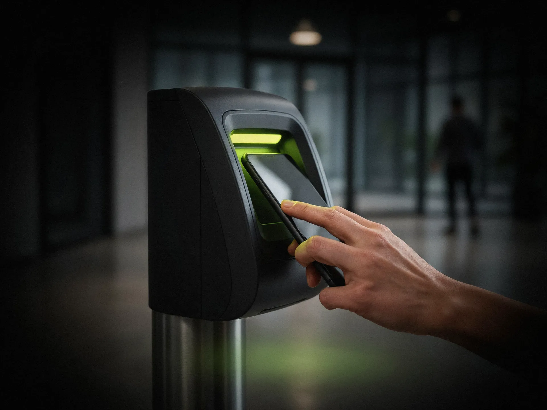 Lector de acceso del torno iluminado en lima mientras un socio acerca su móvil.